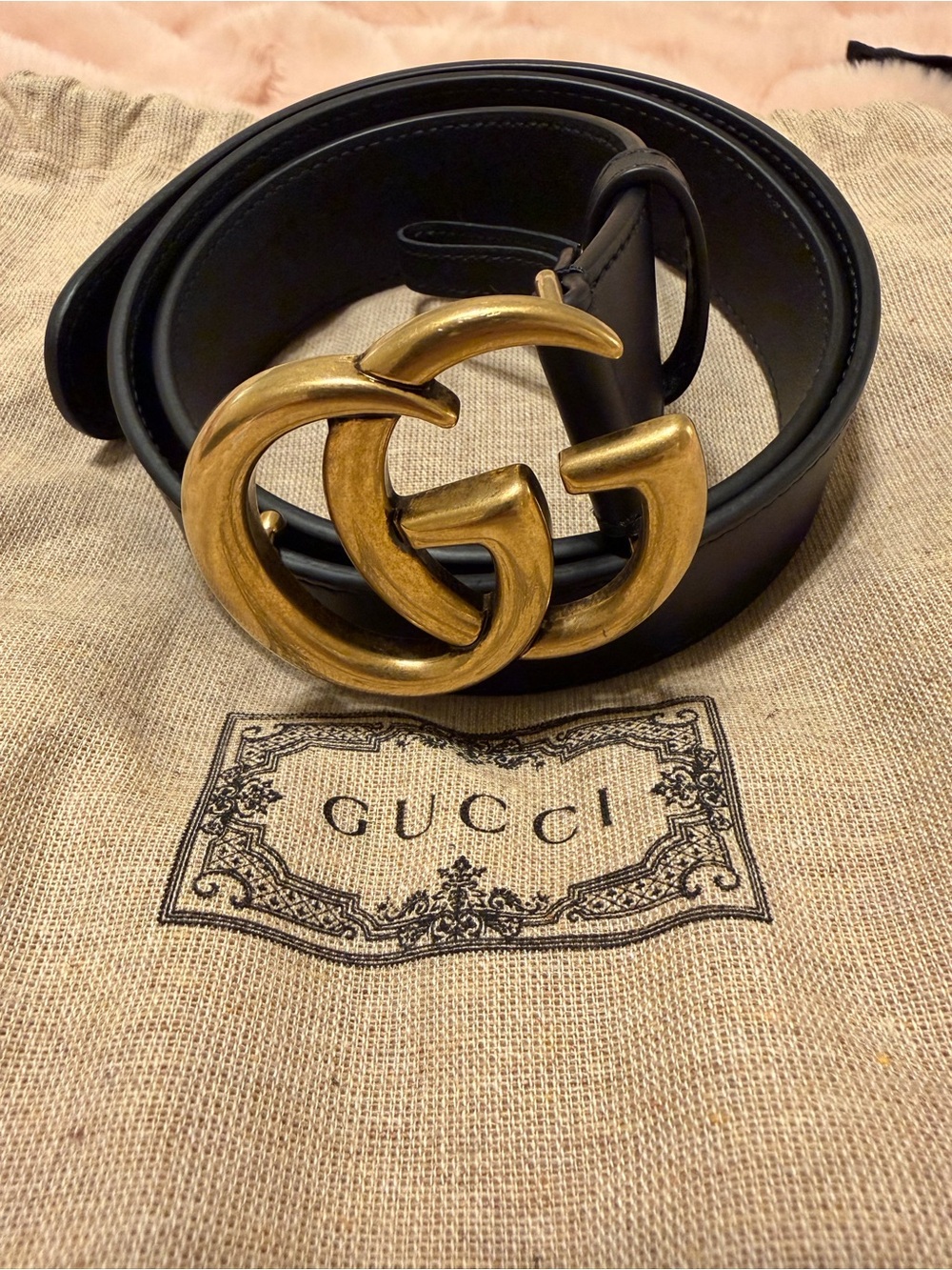 Gucci Marmont Black Leather Belt with Aged Gold Double G Buckle